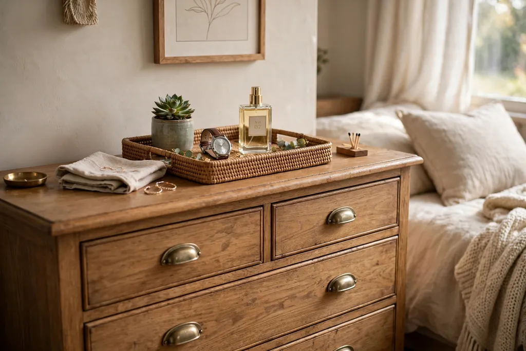 Bedroom dresser with a tray holding perfume