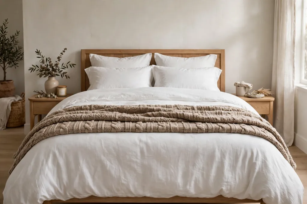 Bed with a textured throw folded across the foot over white bedding.