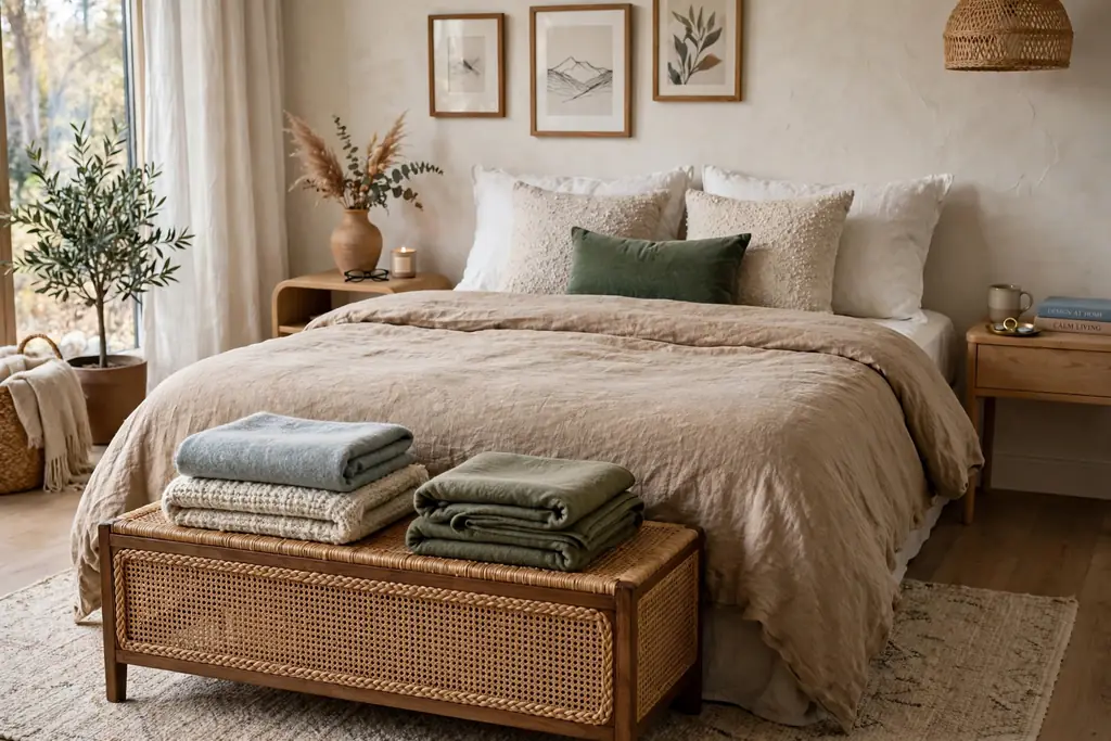 Bedroom with a storage bench at the foot of a bed holding folded blankets.