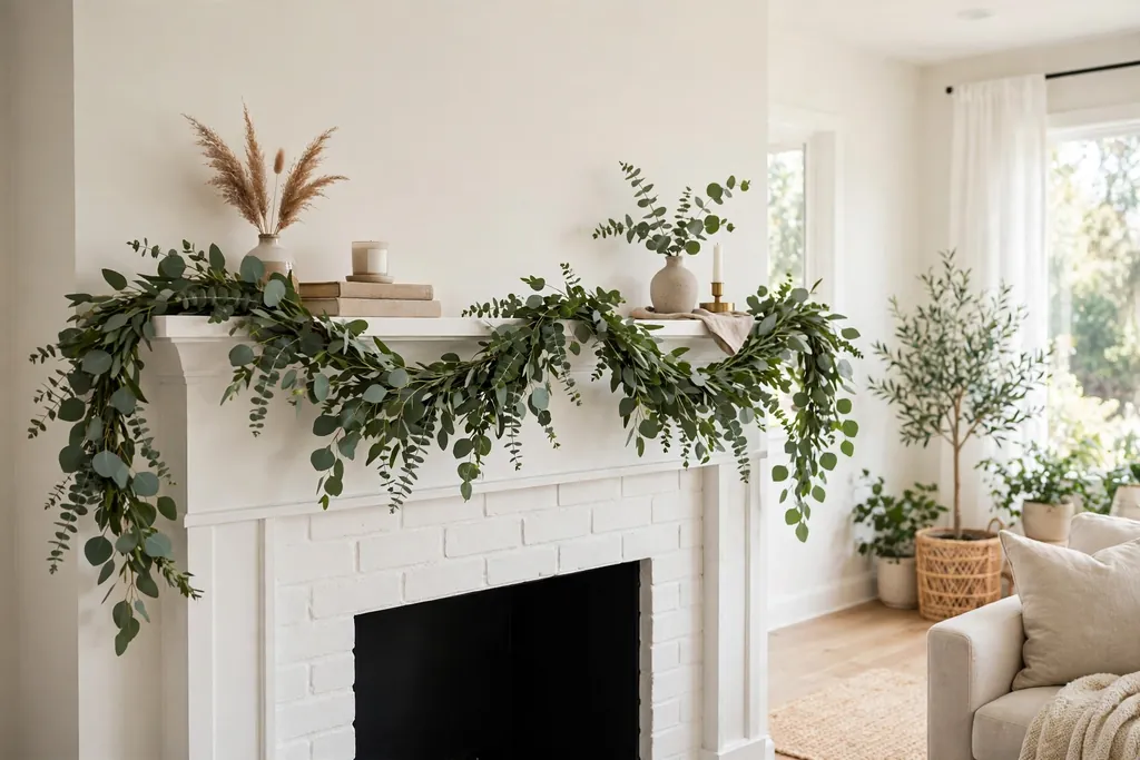 Fresh eucalyptus garland draped along a white fireplace mantle shelf.
