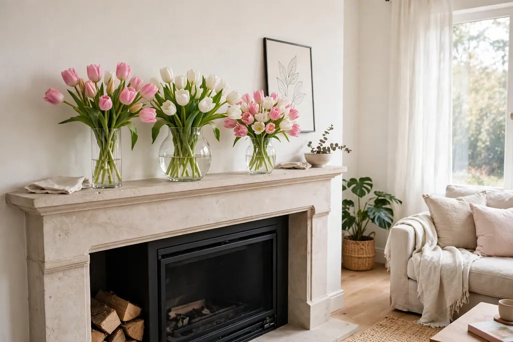 Pink and white tulips in clear glass vases on a fireplace mantle.