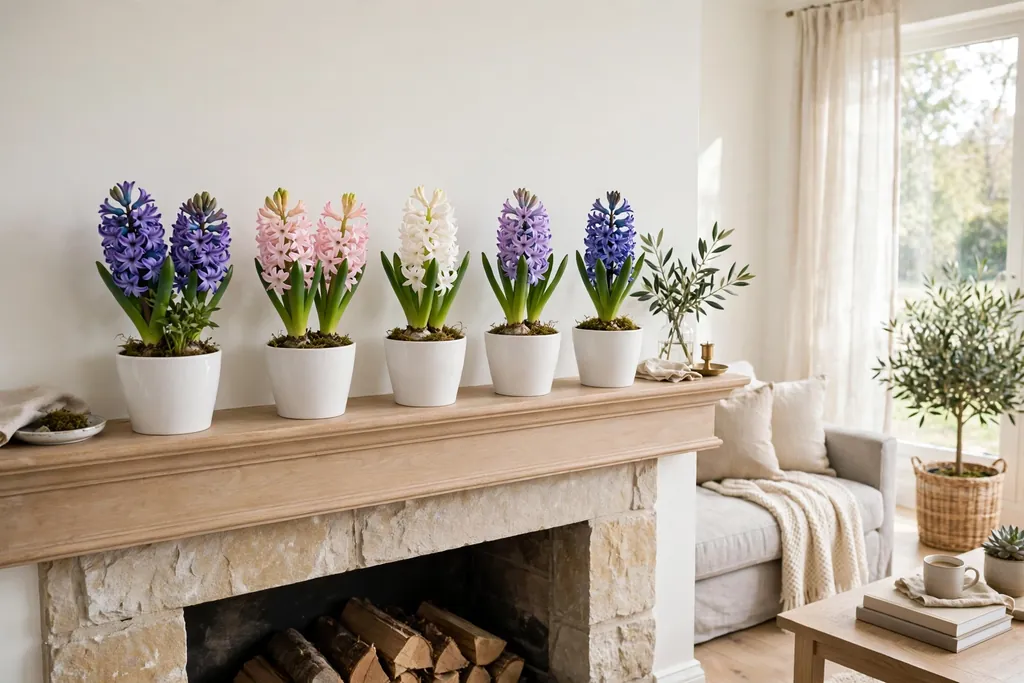 Potted hyacinths in white ceramic pots lined up on a fireplace mantle.