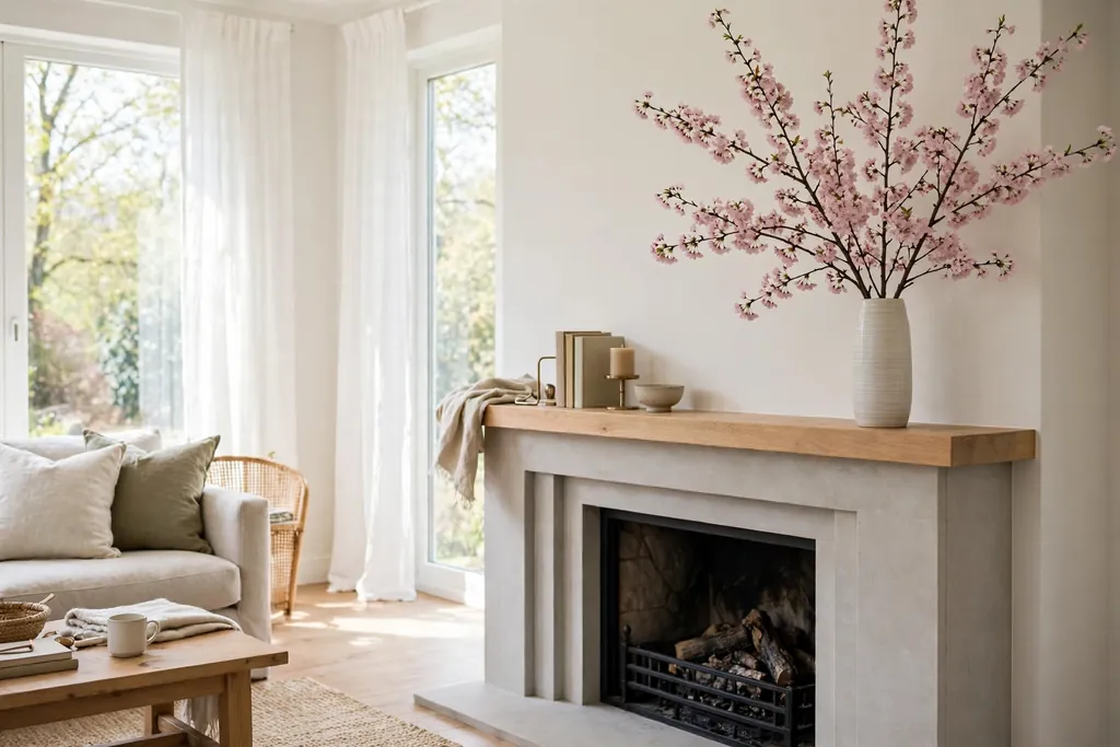 Cherry blossom branches in a tall vase at one end of a fireplace mantle.