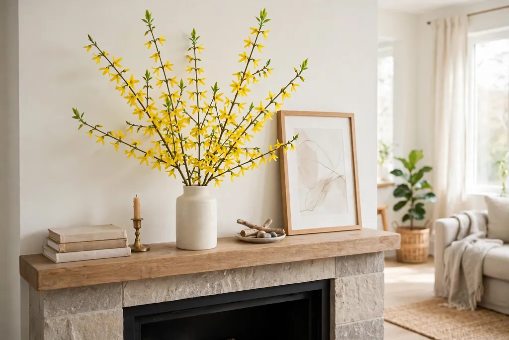 Yellow forsythia stems in a simple vase on a fireplace mantle.