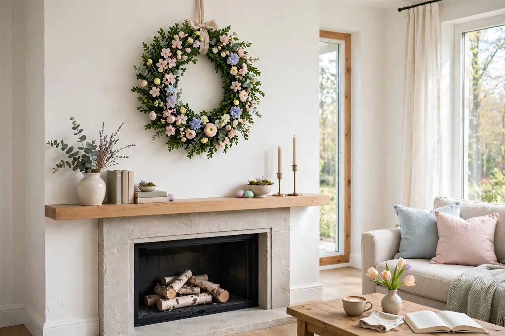 Spring wreath of boxwood and pastel flowers hung above a fireplace mantle.