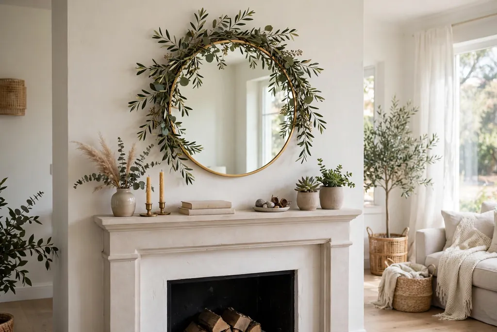 Round mirror with a small leafy wreath layered over it above a fireplace mantle.