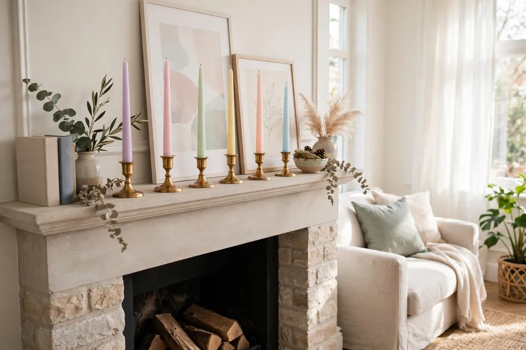 Pastel taper candles in brass holders along a fireplace mantle.
