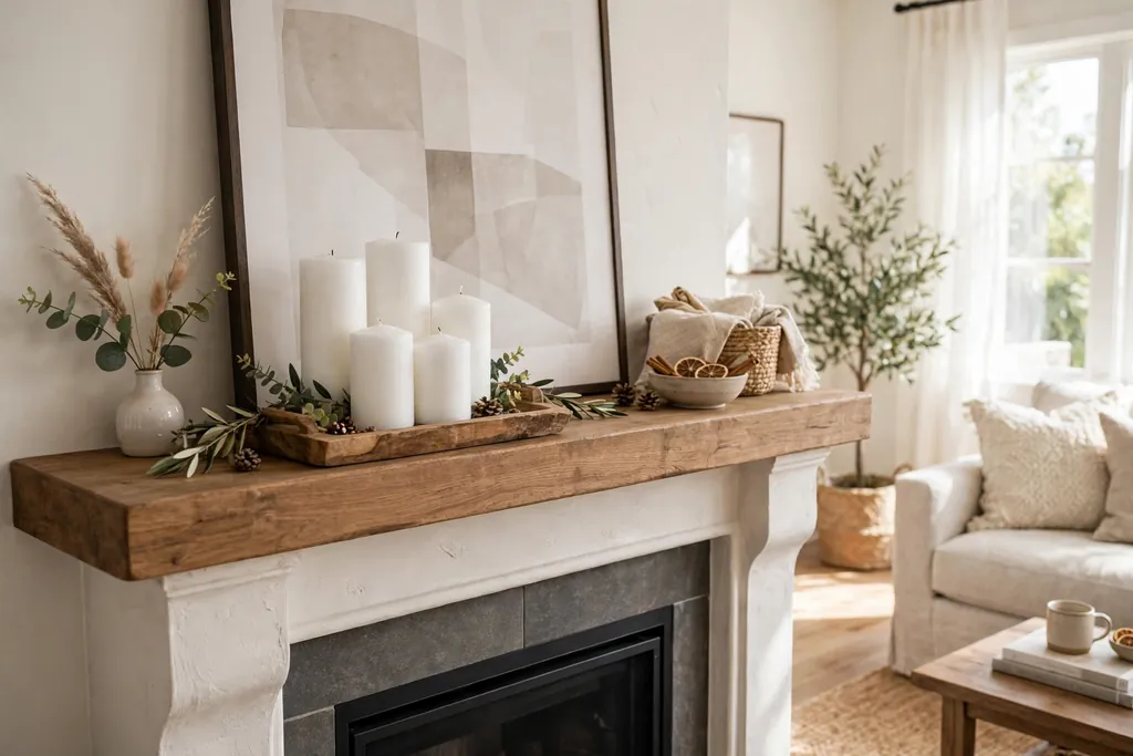 White pillar candles grouped on a wood tray on a fireplace mantle.