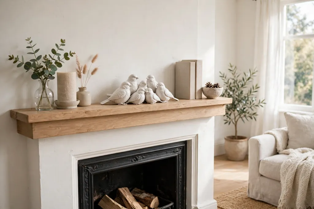 Small ceramic birds grouped on a fireplace mantle.