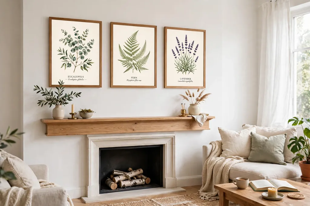 Botanical prints in matching frames hung above a fireplace mantle.