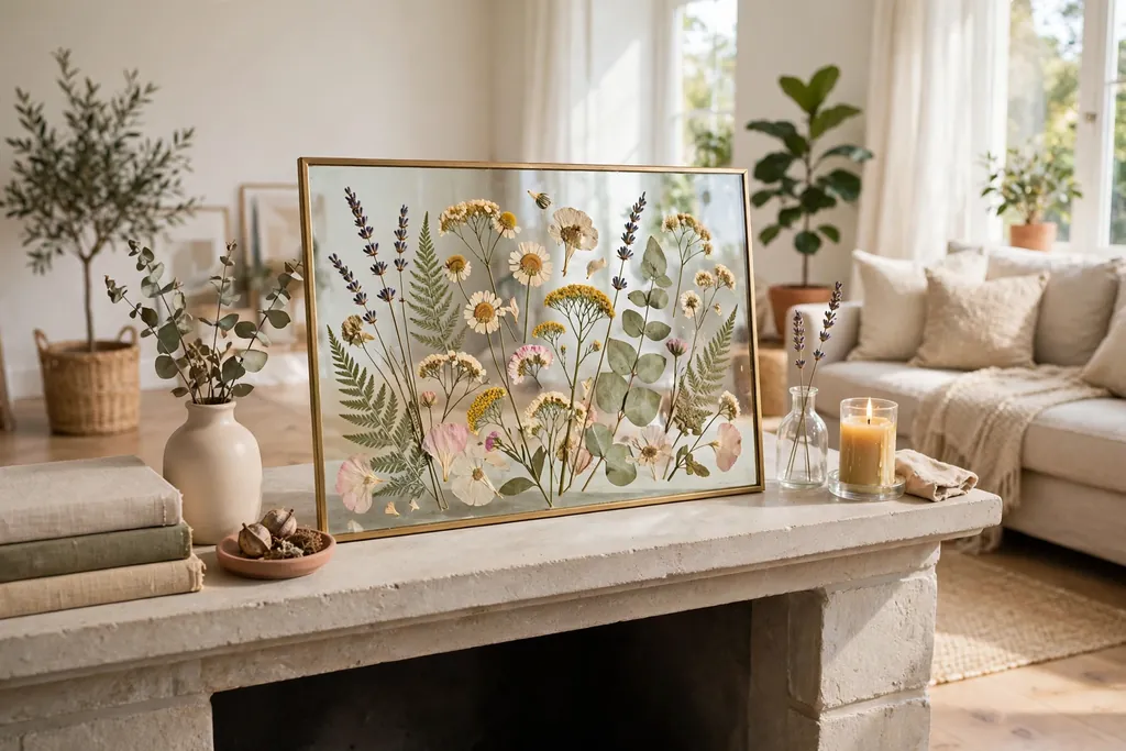 Pressed flowers framed between glass sheets on a fireplace mantle.