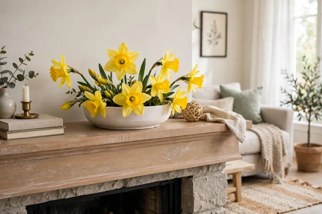 Yellow daffodils arranged in a low white ceramic bowl on a fireplace mantle.