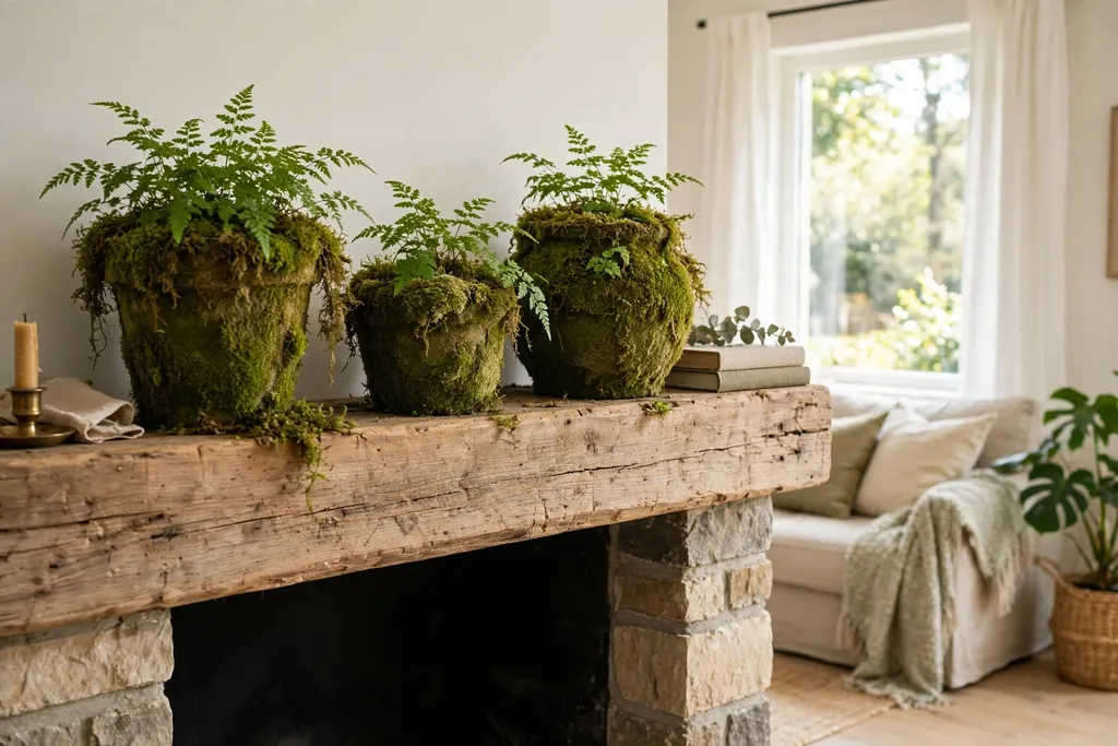 Moss covered pots with small ferns on a fireplace mantle.
