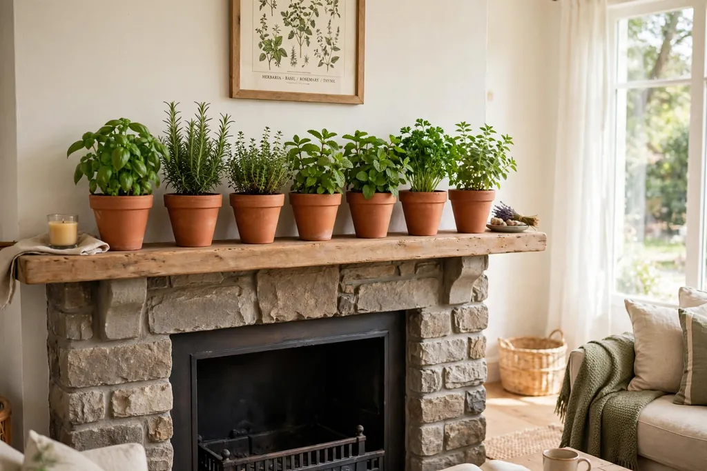 Terracotta pots of fresh herbs lined up on a fireplace mantle.