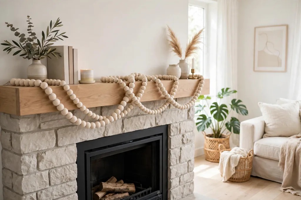 Soft white wood bead garland draped along a fireplace mantle shelf.