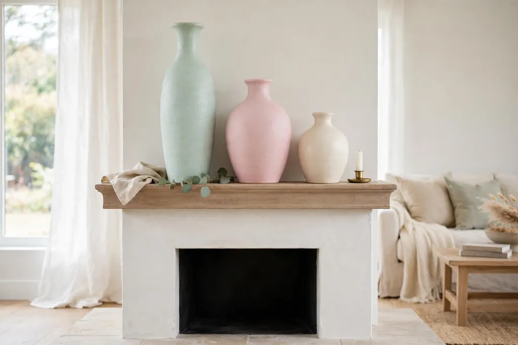 Ceramic vases in graduated heights and pastel glazes on a fireplace mantle.