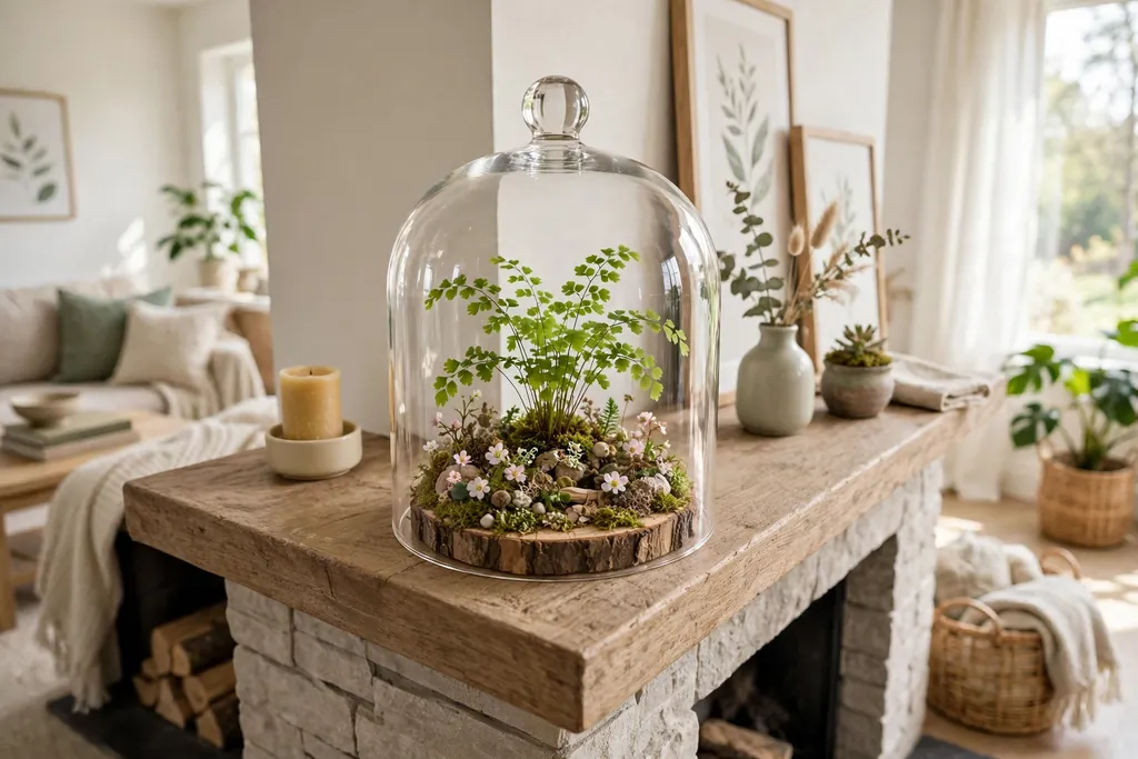 Glass cloche over a mini spring scene with a small plant on a fireplace mantle.