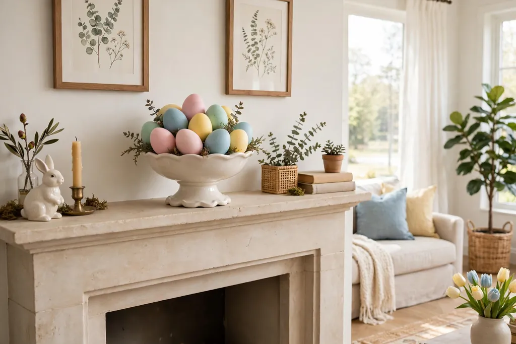 Pastel Easter eggs in a footed bowl on a fireplace mantle.