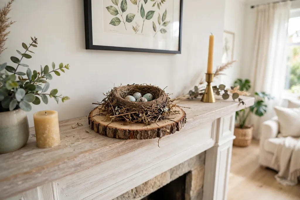 Small bird nest vignette with speckled eggs on a fireplace mantle.