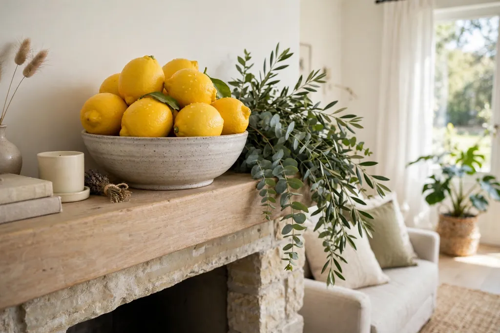 Bowl of fresh lemons on a fireplace mantle beside greenery.