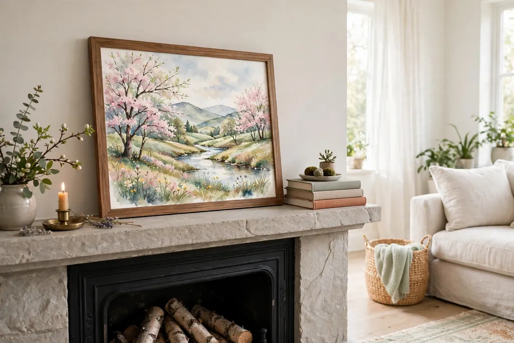 Watercolor spring landscape leaning against the wall on a fireplace mantle.