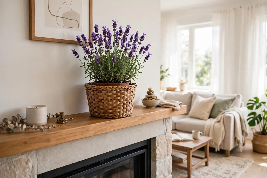 Potted lavender in a woven basket on a fireplace mantle.