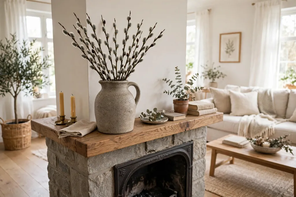 Pussy willow stems in a stoneware jug on a fireplace mantle.