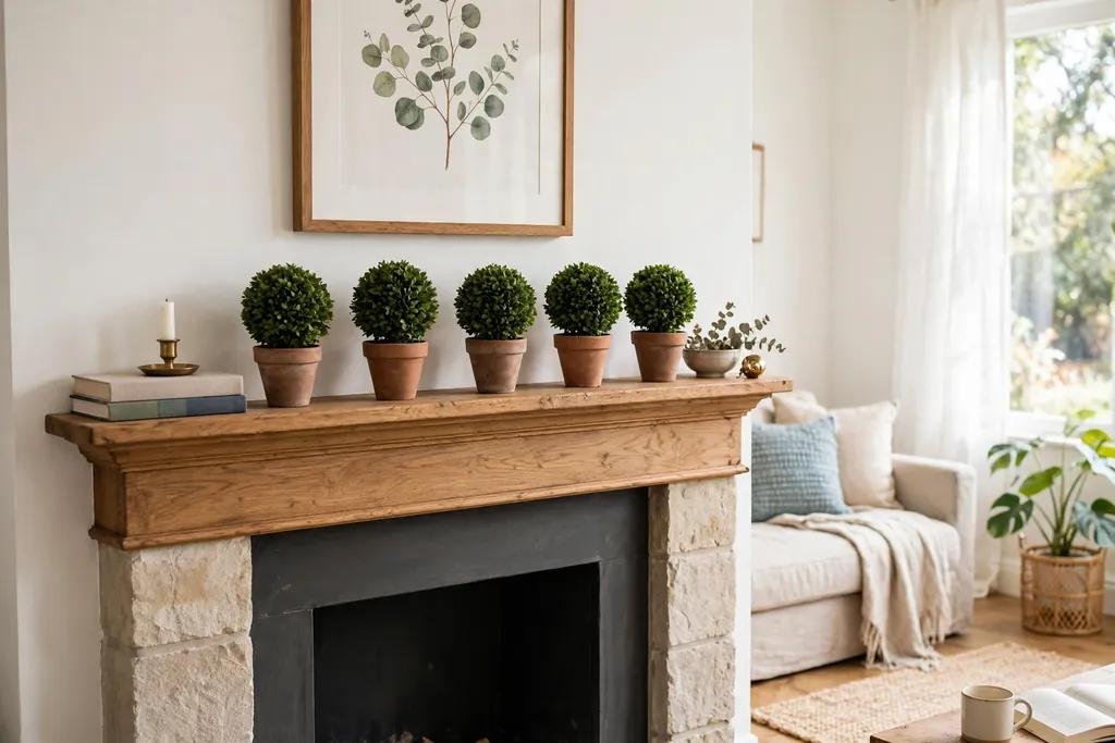 Small topiary balls in clay pots on a fireplace mantle.