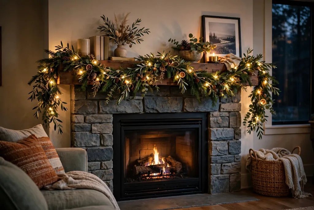 Fairy lights woven through a greenery garland on a fireplace mantle in the evening.