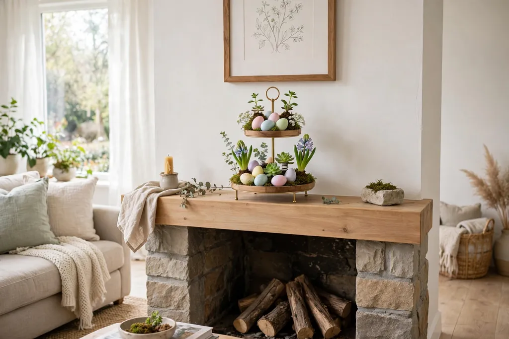 Mini tiered stand with small spring plants and pastel eggs on a fireplace mantle.
