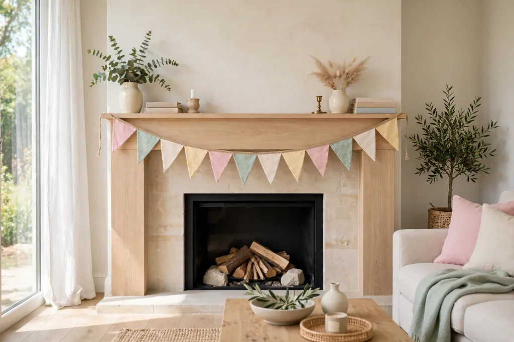 Linen bunting in spring pastels hung across a fireplace mantle.