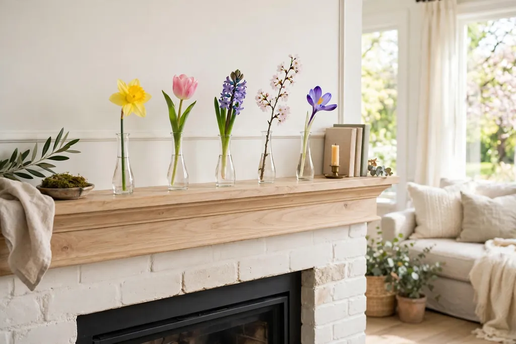 Single stem bud vases lined up in a row on a fireplace mantle.