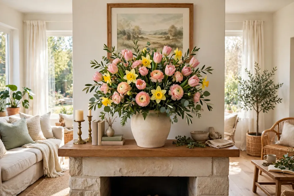 Mixed garden bouquet of tulips, daffodils, and greenery in a large vase on a fireplace mantle.