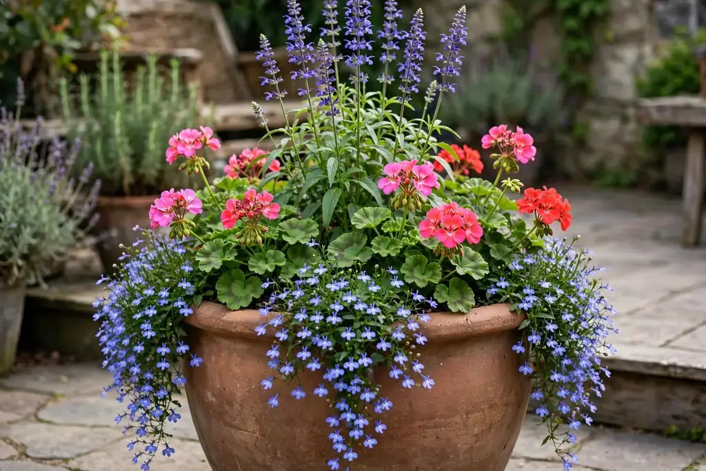 Large pot with a tall salvia center, geranium fillers, and trailing lobelia spilling over the edge.