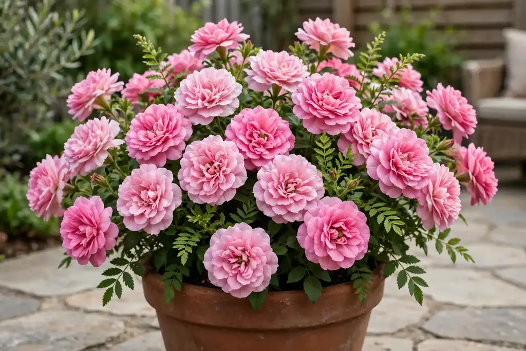 Pot of pink flowers in one color family with green foliage between the blooms.