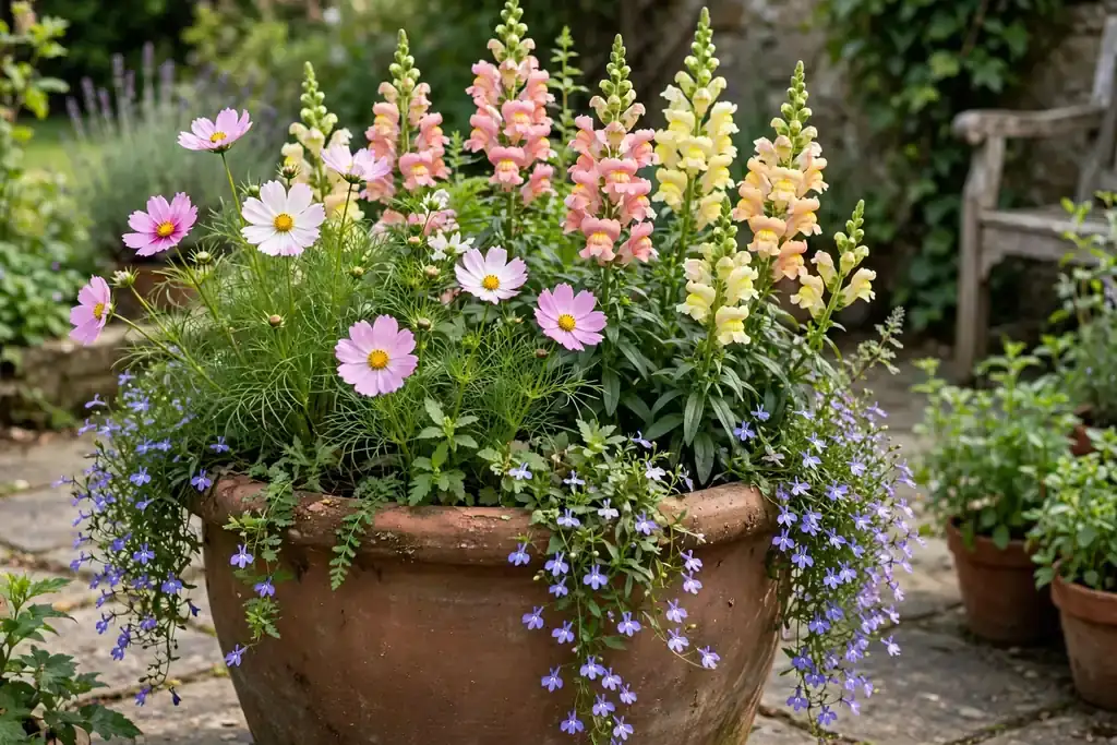 Large pot with a loose cottage mix of cosmos, snapdragons, and trailing lobelia.
