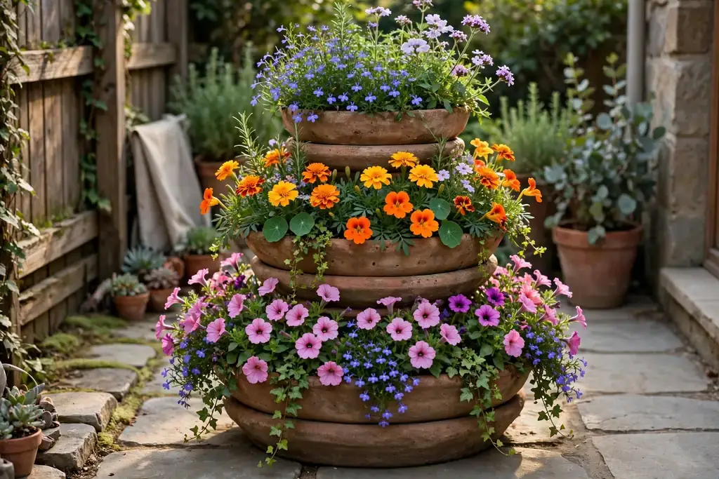 Tiered stacked planter with flowers on three levels on a small patio.