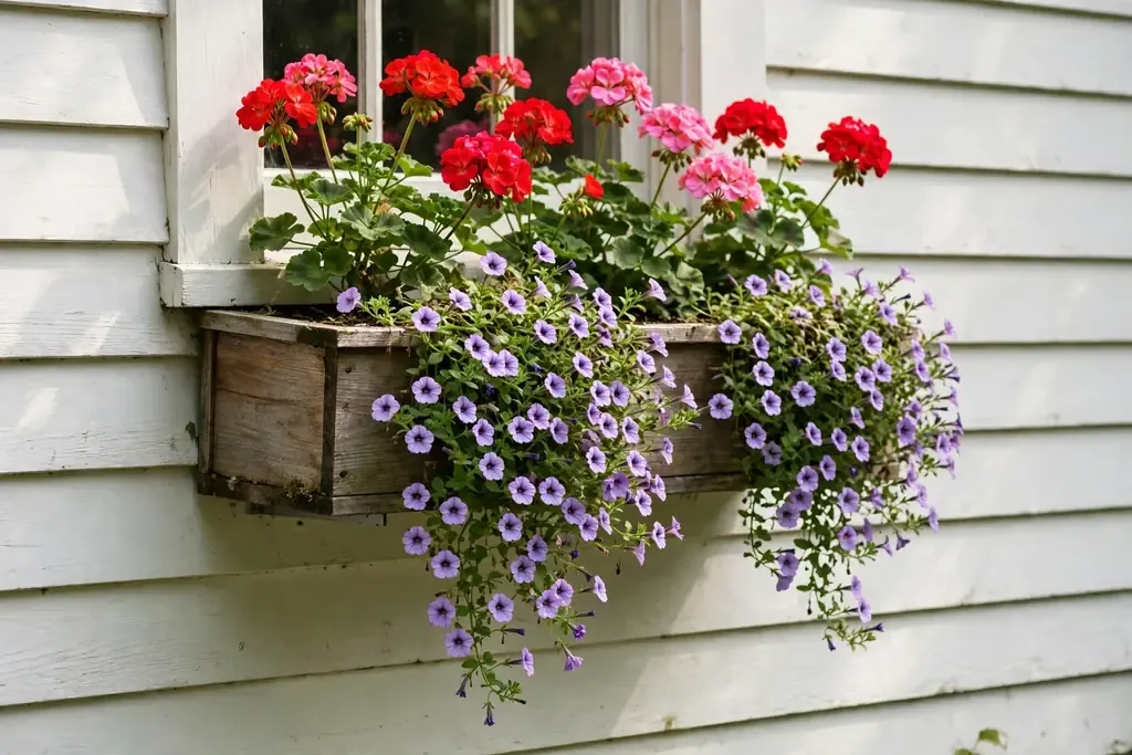 Window box on a house wall with geraniums at the back and trailing petunias at the front.
