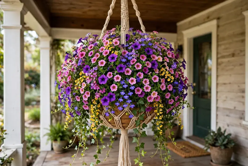 Hanging basket with trailing flowers forming a ball of color on a porch.