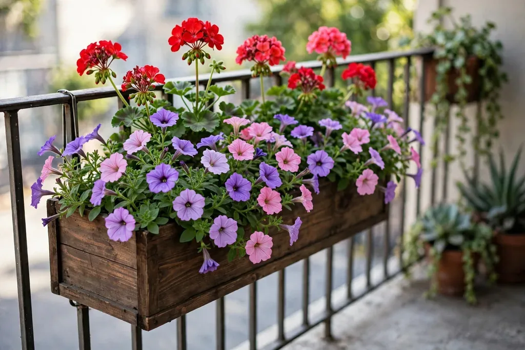 Railing planter on a balcony rail with petunias in front and geraniums behind.