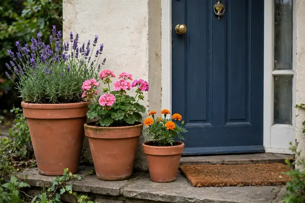 Three terracotta pots in different heights beside a front door with flowers.