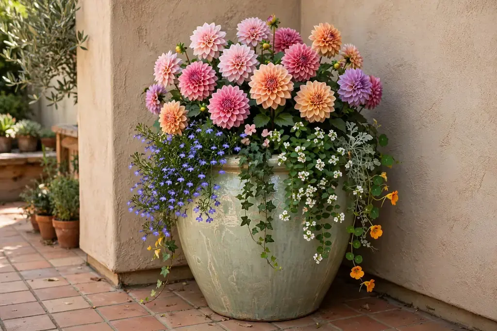One large statement pot with dahlias and trailing flowers in a patio corner.