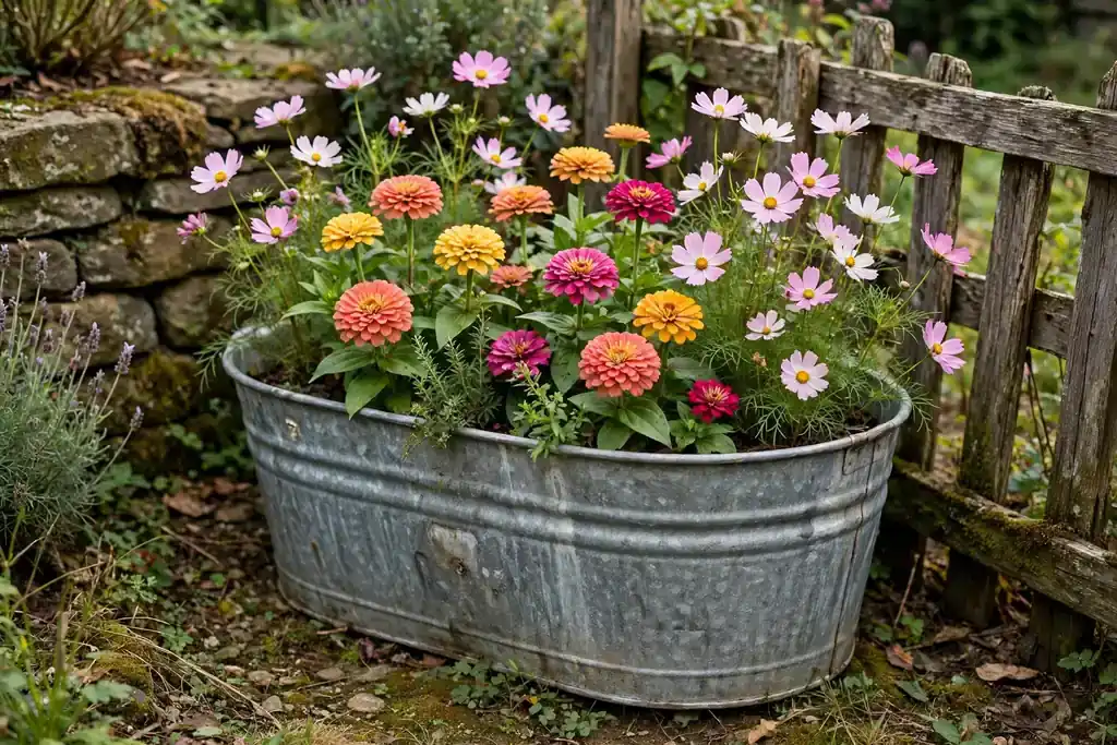 Galvanized metal tub planted with zinnias and cosmos in a rustic garden corner.