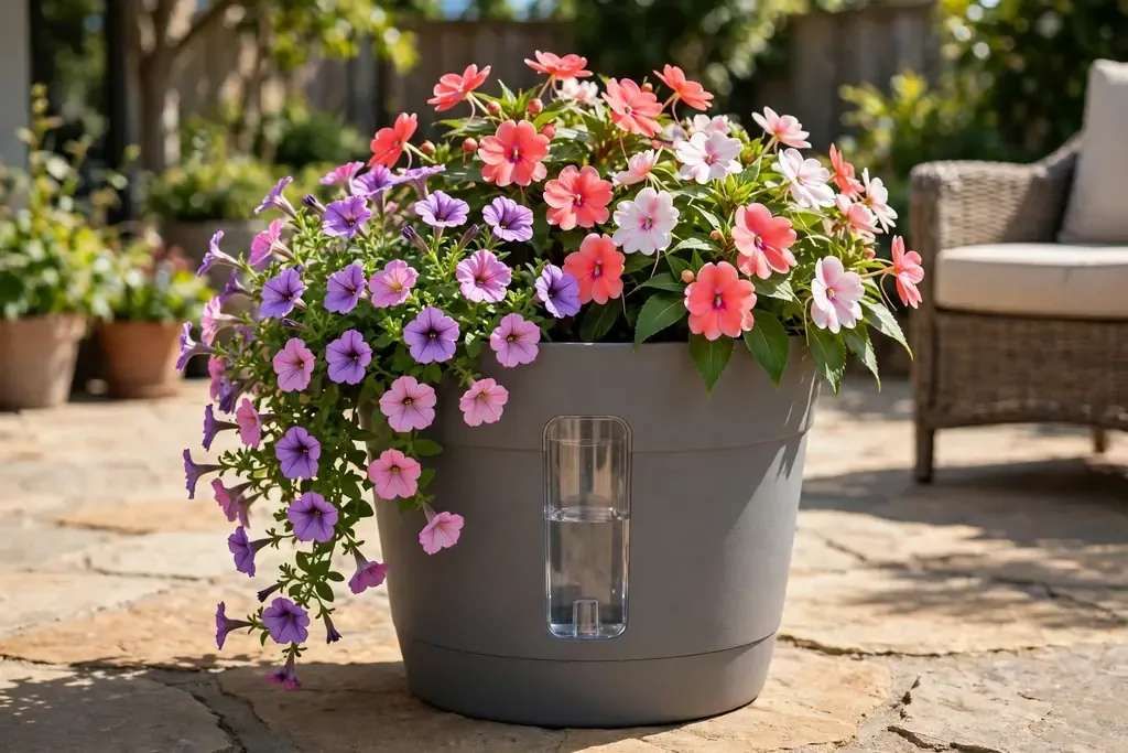 Self-watering pot with petunias and impatiens on a sunny patio.