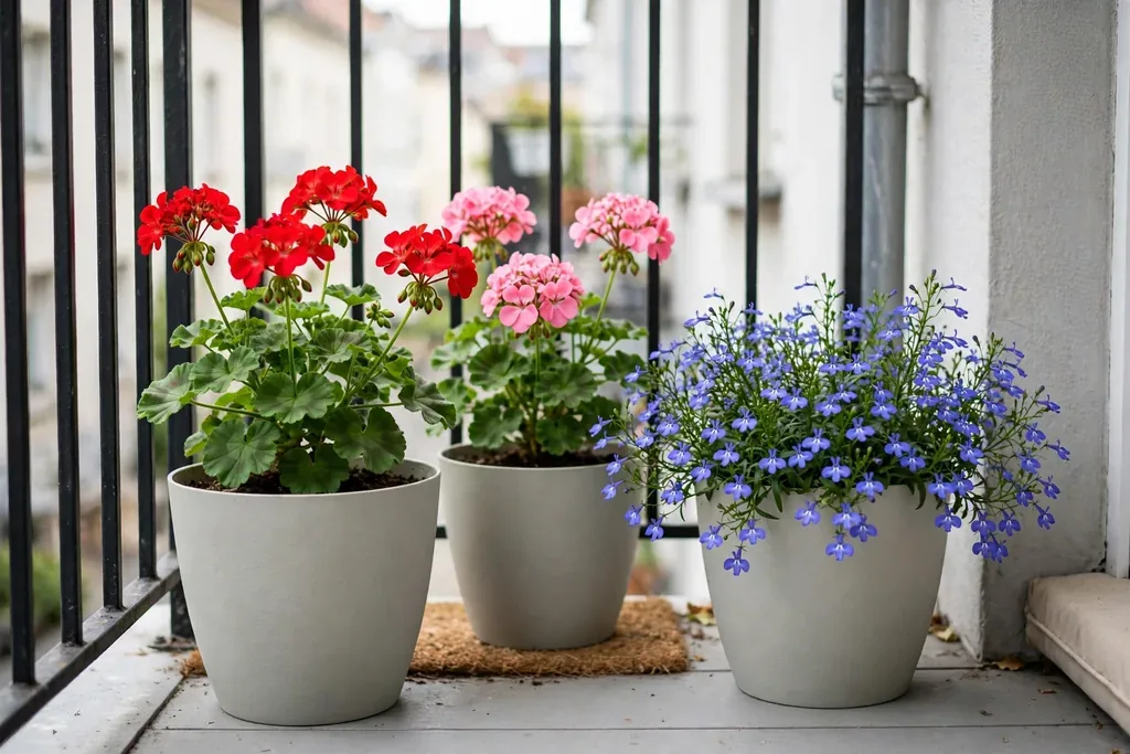 Lightweight resin pots with geraniums and lobelia on a small balcony.