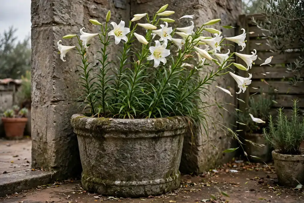 Heavy stone pot with tall lilies in a windy patio corner.