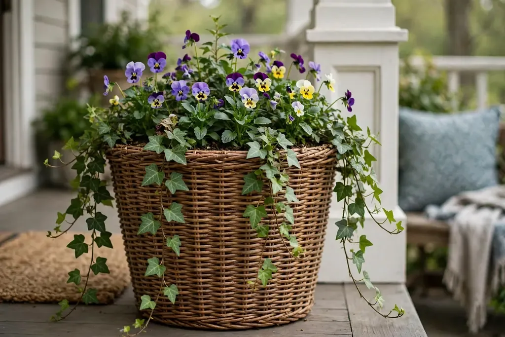 Woven basket planter with violas and trailing ivy on a sheltered porch.