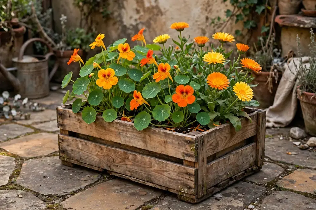 Wooden crate planter with nasturtiums and calendula on a rustic patio.