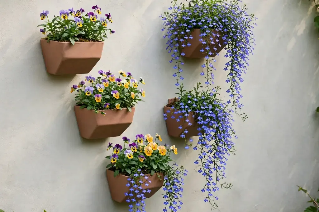 Wall pocket planters with violas and trailing lobelia on a blank garden wall.