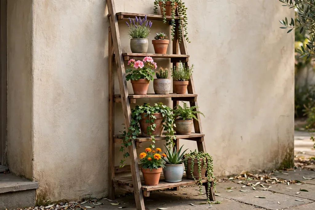 Ladder shelf holding flower pots on several levels against a patio wall.